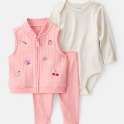 Conjunto de 3 piezas con chaleco con frutas bordadas