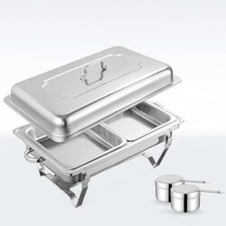 Bluelander Buffetera de Acero Inoxidable 2 Compartimentos, 7L Bufetera Acero Inoxidable, Chafer Buffet De Diseño Dividido, Ideal para Eventos y Reuniones, 2 Quemadores Incluidos (2 Charolas)