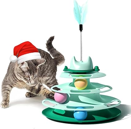 Juguete Interactivo para Gatos de Interior,Juguete para Gato con Diseño de Torre de 4 Niveles con 3 Bolas de Colores,Juguete Rodante para Gato con Pista Circular y Varita de Plumas,Verde