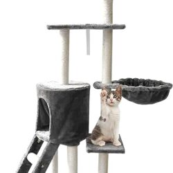 Raganet, Árbol Trepador y Rascador para Gatos, Torre de Actividades de Varios Niveles, Castillo con Escaleras, Hamaca, Cubiertas de Felpa, Seguro y Duradero de 140cm Alto X 50cm Largo (Gris)